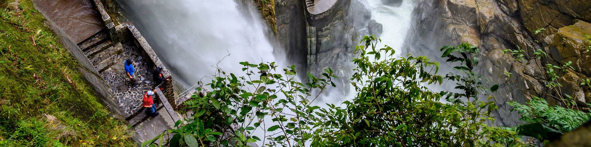 Aerial view of Del Diablo waterfall in Banos, Ecuador.