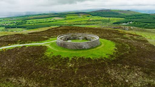 Grianan of Aileach, ancient drystone ring fort, part of prehistoric structures complex, located on top of Greenan Mountain in Inishowen, Co. Donegal, Ireland.