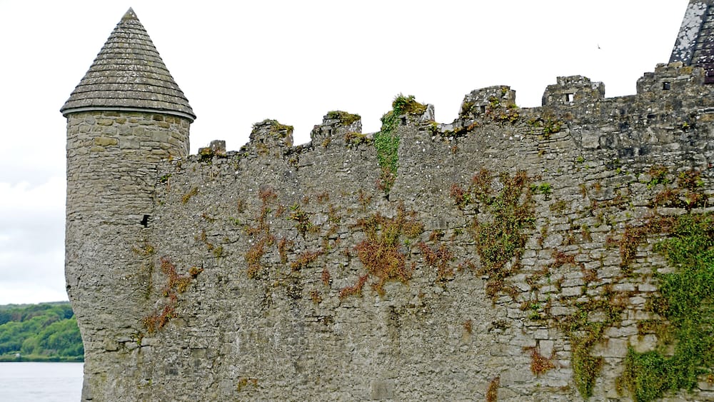 A stone castle with a conical tower and a partially intact wall.