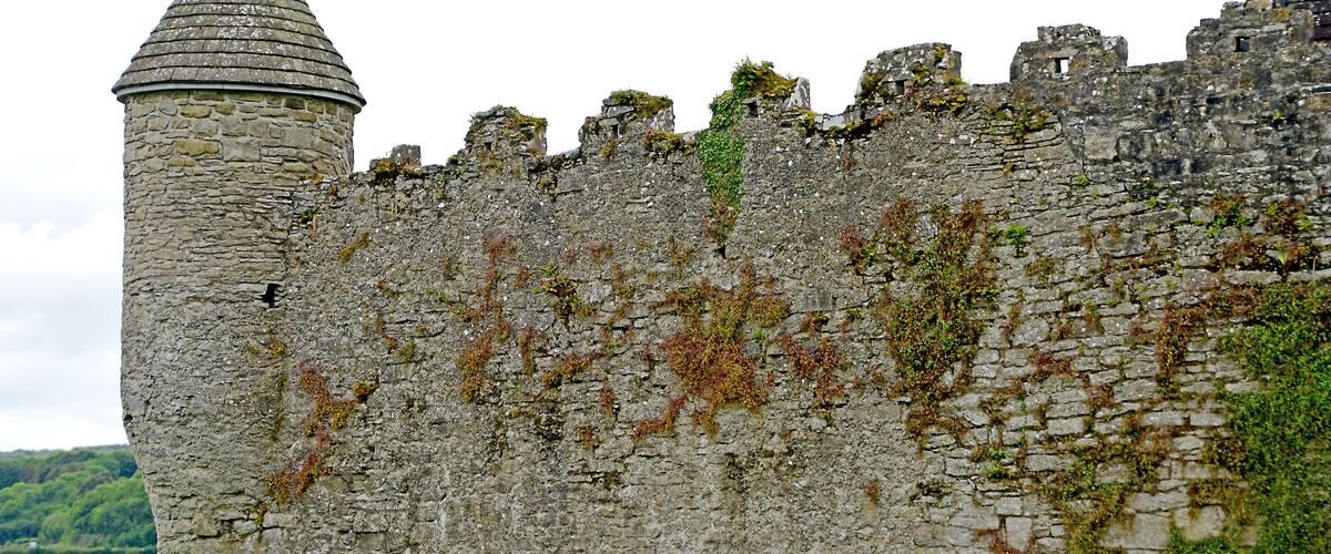 A stone castle with a conical tower and a partially intact wall.