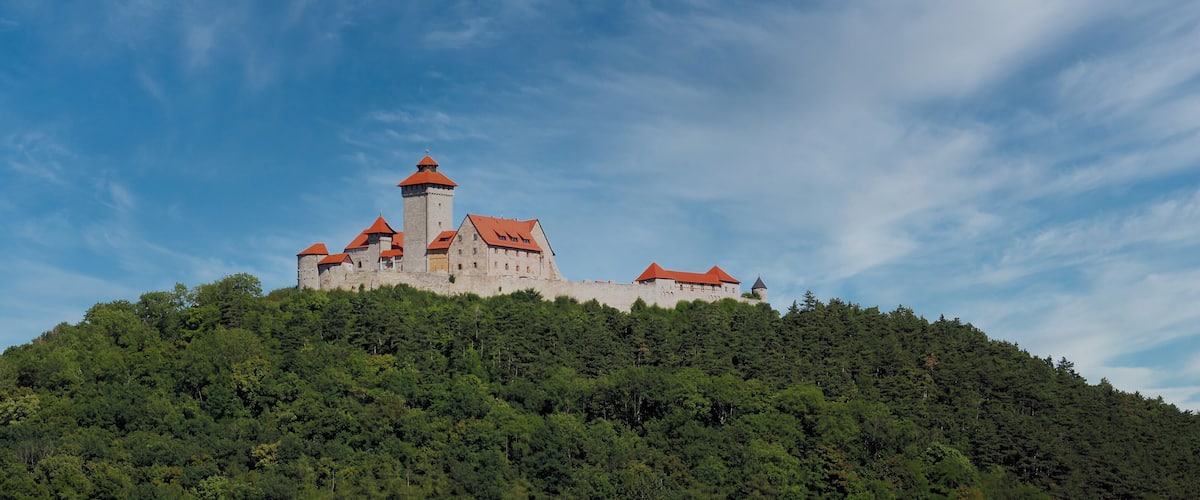 A castle on a hill with red roofs and a clear blue sky.