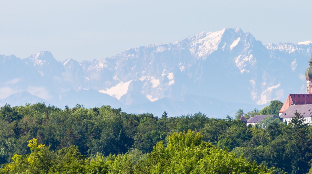 Panorama with Andechs Abbey (Kloster Andechs) and Zugspitze.