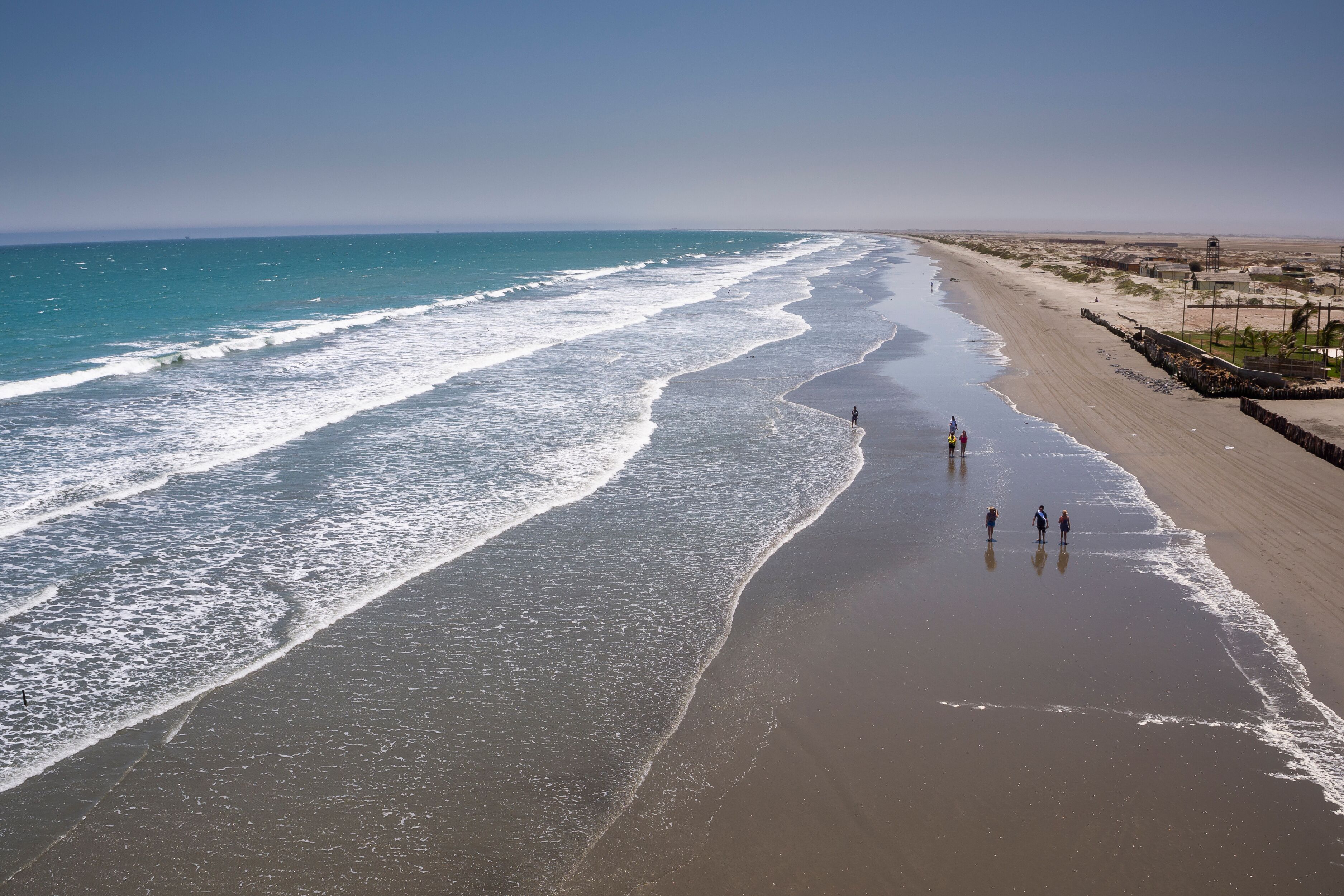 Colan, Piura, Peru: Aerial panoramic drone view of the beach and coast of Colan.