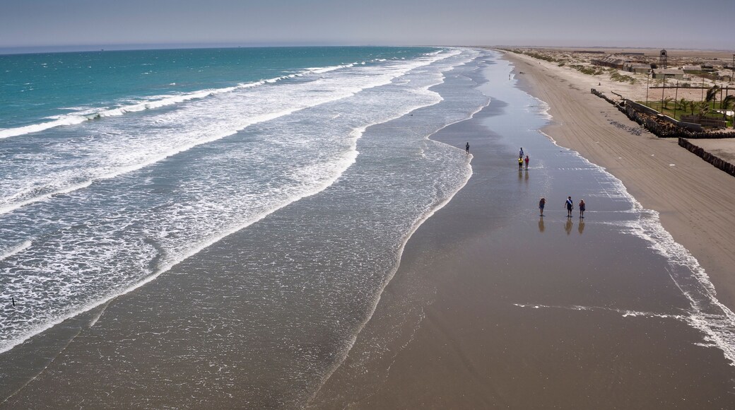 Colan, Piura, Peru: Aerial panoramic drone view of the beach and coast of Colan.