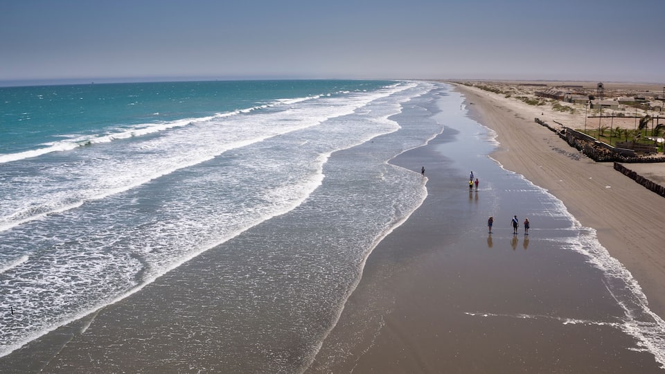 Colan, Piura, Peru: Aerial panoramic drone view of the beach and coast of Colan.