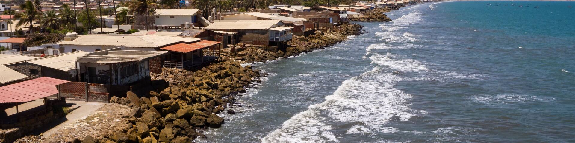Colan, Piura, Peru: Aerial panoramic drone view of the beach and coast of Colan.