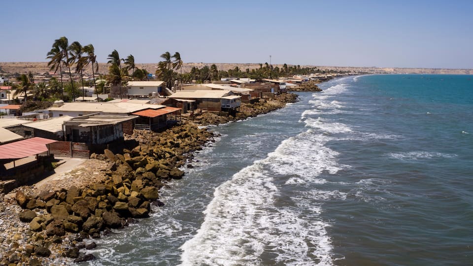 Colan, Piura, Peru: Aerial panoramic drone view of the beach and coast of Colan.