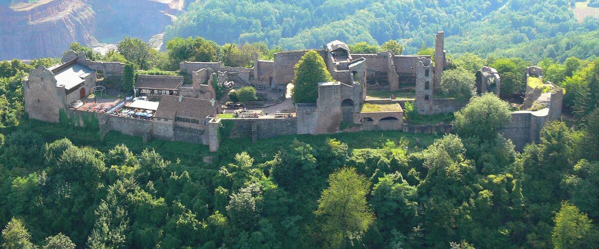 An ancient castle surrounded by lush green forest and hills.