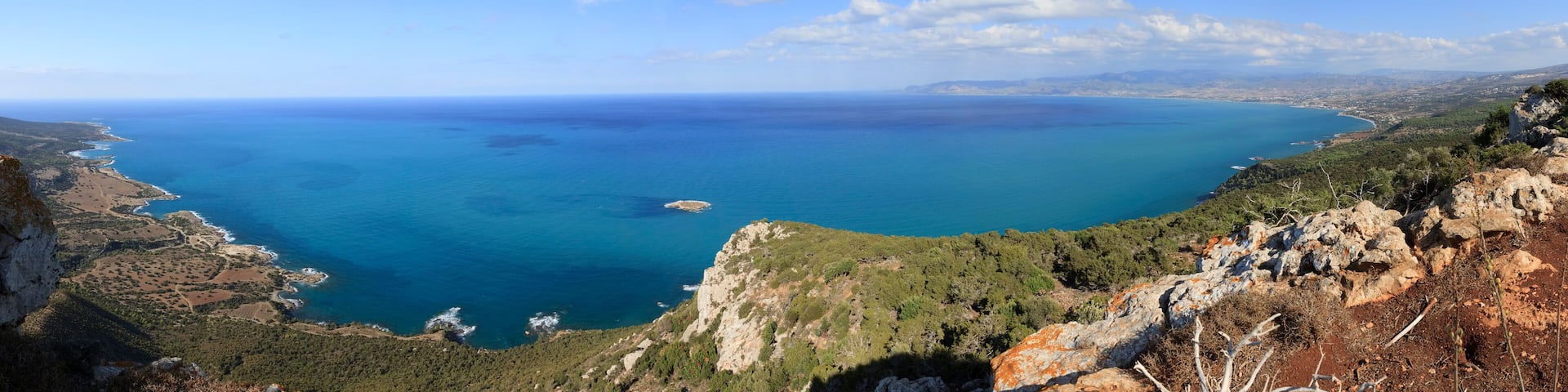 Chrysochous bay panorama, Cyprus. Popular locations in the picture - Akamas, Polis, Latchi, Argaka, Pomos, Cape Arnaoutis, Baths of Aphrodite, Blue Lagoon, Manolis bay, Fontana Amorosa
