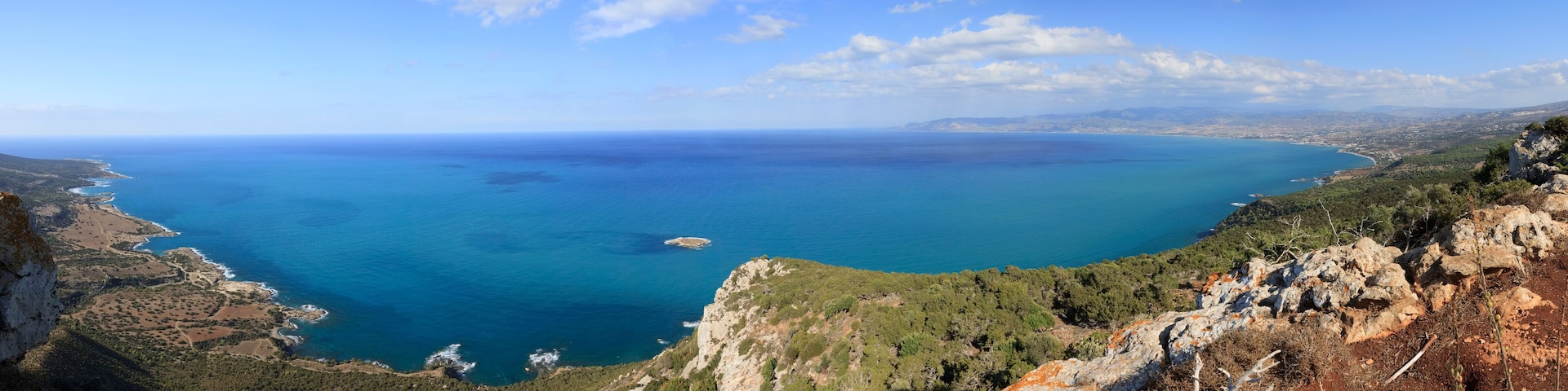 Chrysochous bay panorama, Cyprus. Popular locations in the picture - Akamas, Polis, Latchi, Argaka, Pomos, Cape Arnaoutis, Baths of Aphrodite, Blue Lagoon, Manolis bay, Fontana Amorosa