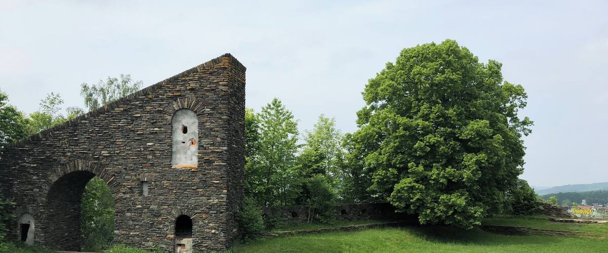An old stone building with arched doorways and a large tree in the foreground.