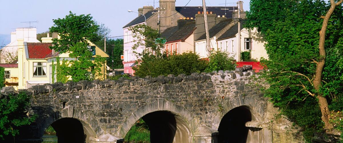 A stone bridge over a river with greenery and buildings in the background.