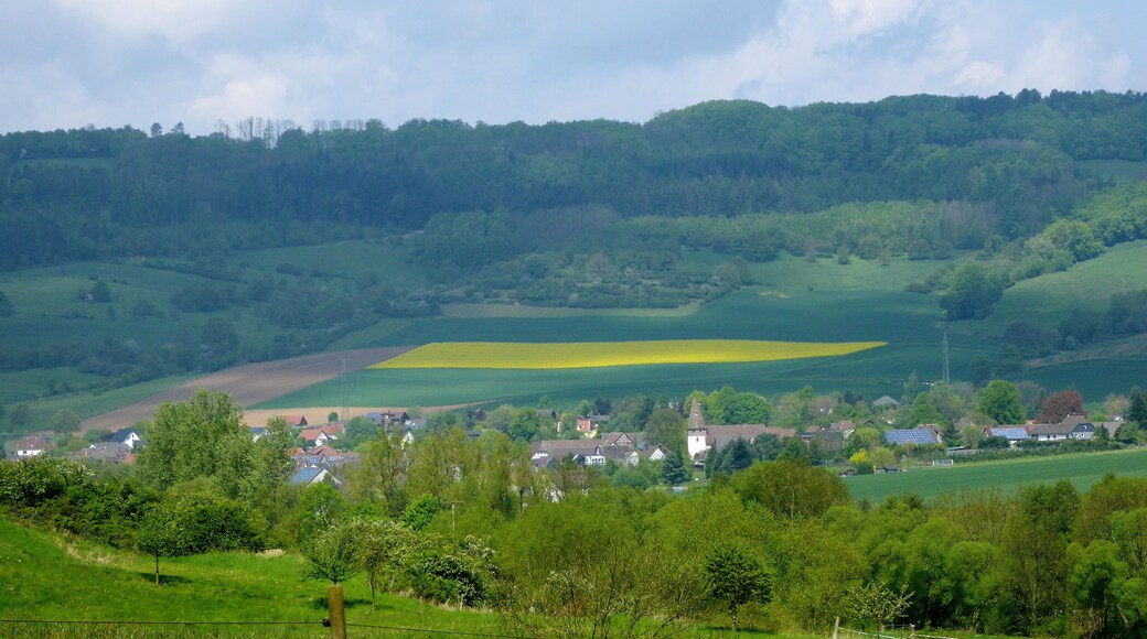 Blick vom Osthang des Kleinen Eversteins auf Golmbach, im Hintergrund die Rühler Schweiz