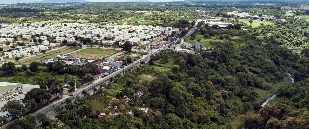 An aerial view of a town with a river, dense greenery, and a mountain in the background.