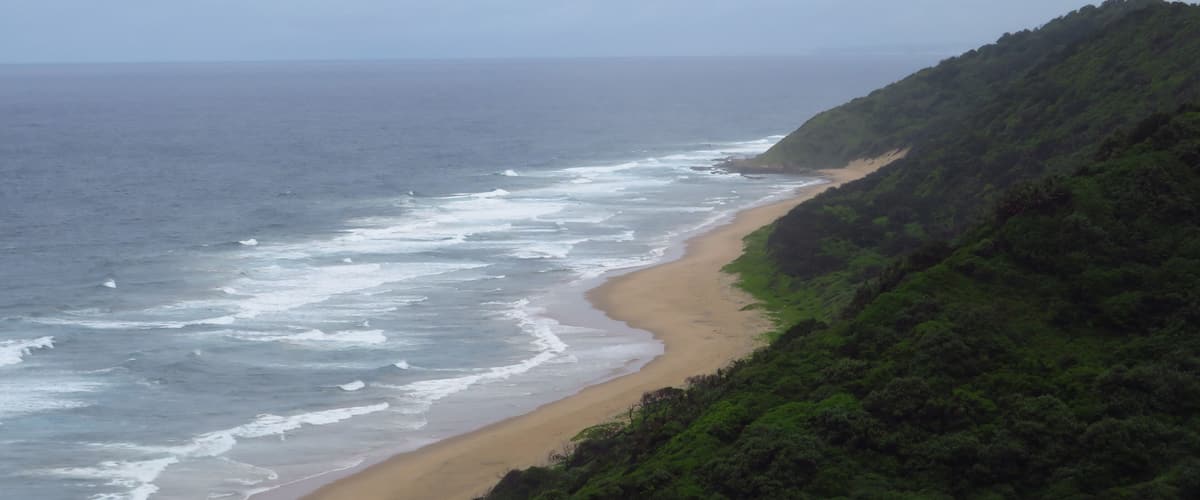 A coastal landscape with a beach, ocean waves, and a hill with dense vegetation.