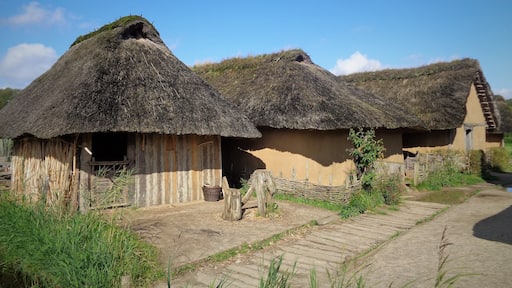 Gebäude im Wikinger-Museum Haithabu: Vorn links das Haus des Holzhandwerkers, in der Mitte das Haus der Händler, hinten das Haus des Tuchhändlers.