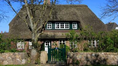 A thatched-roof house with a stone wall and a green gate.