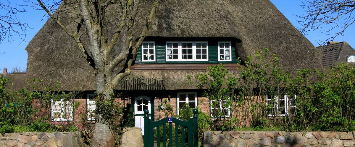 A thatched-roof house with a stone wall and a green gate.