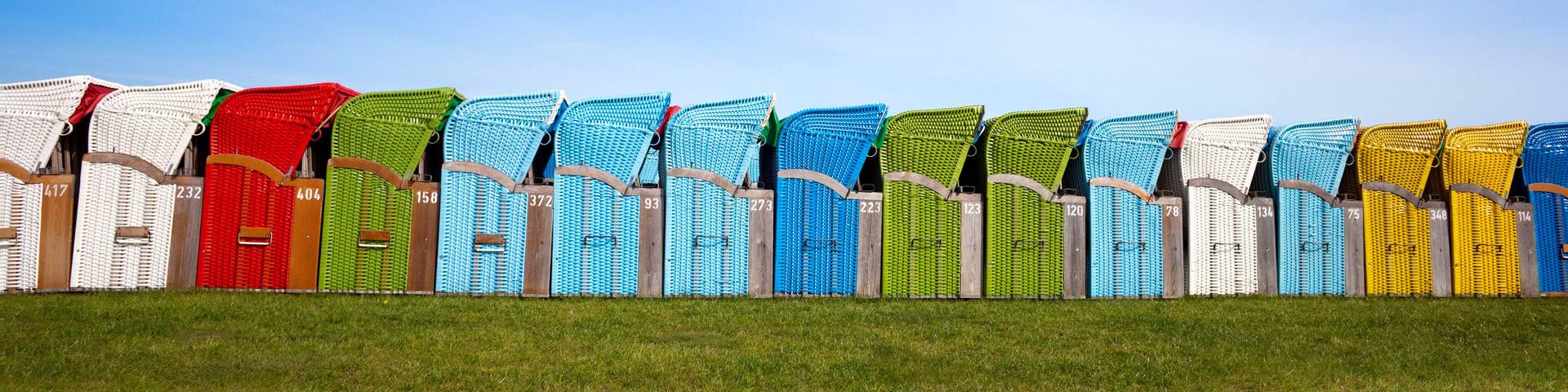 A row of colorful chairs with numbers on them, arranged on a grassy hill.