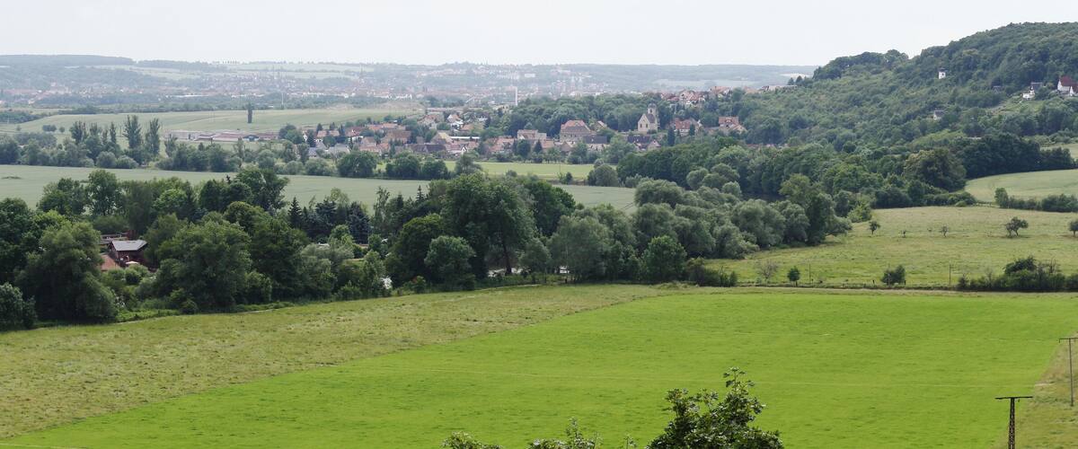 A rural landscape with rolling hills, a village, and scattered trees.