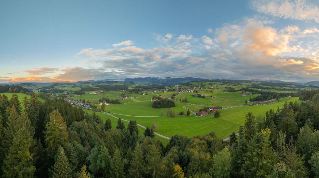 panoramic aerial photo near sunset in the Allgäu Alps next to village of Oberreute, Bavaria, Germany