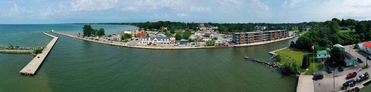 Aerial panorama of the Port Dover, Ontario, Canada Marina