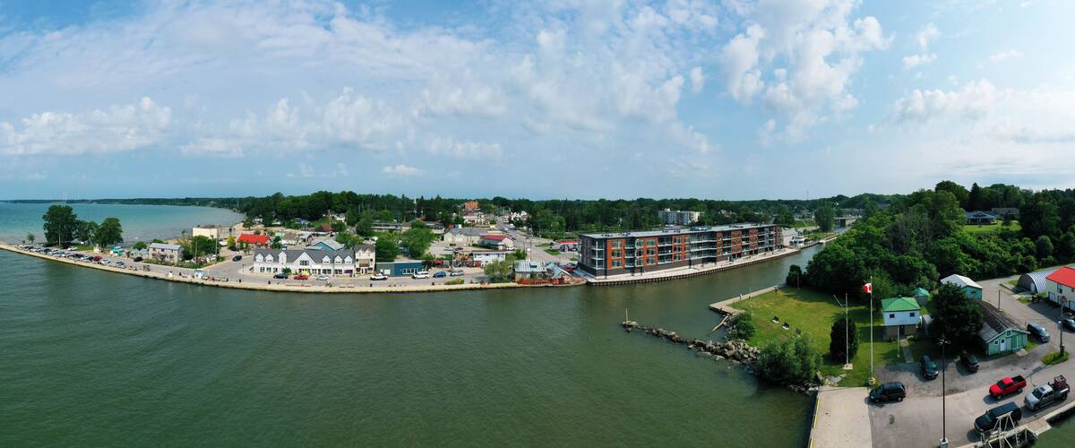 Aerial panorama of the Port Dover, Ontario, Canada Marina