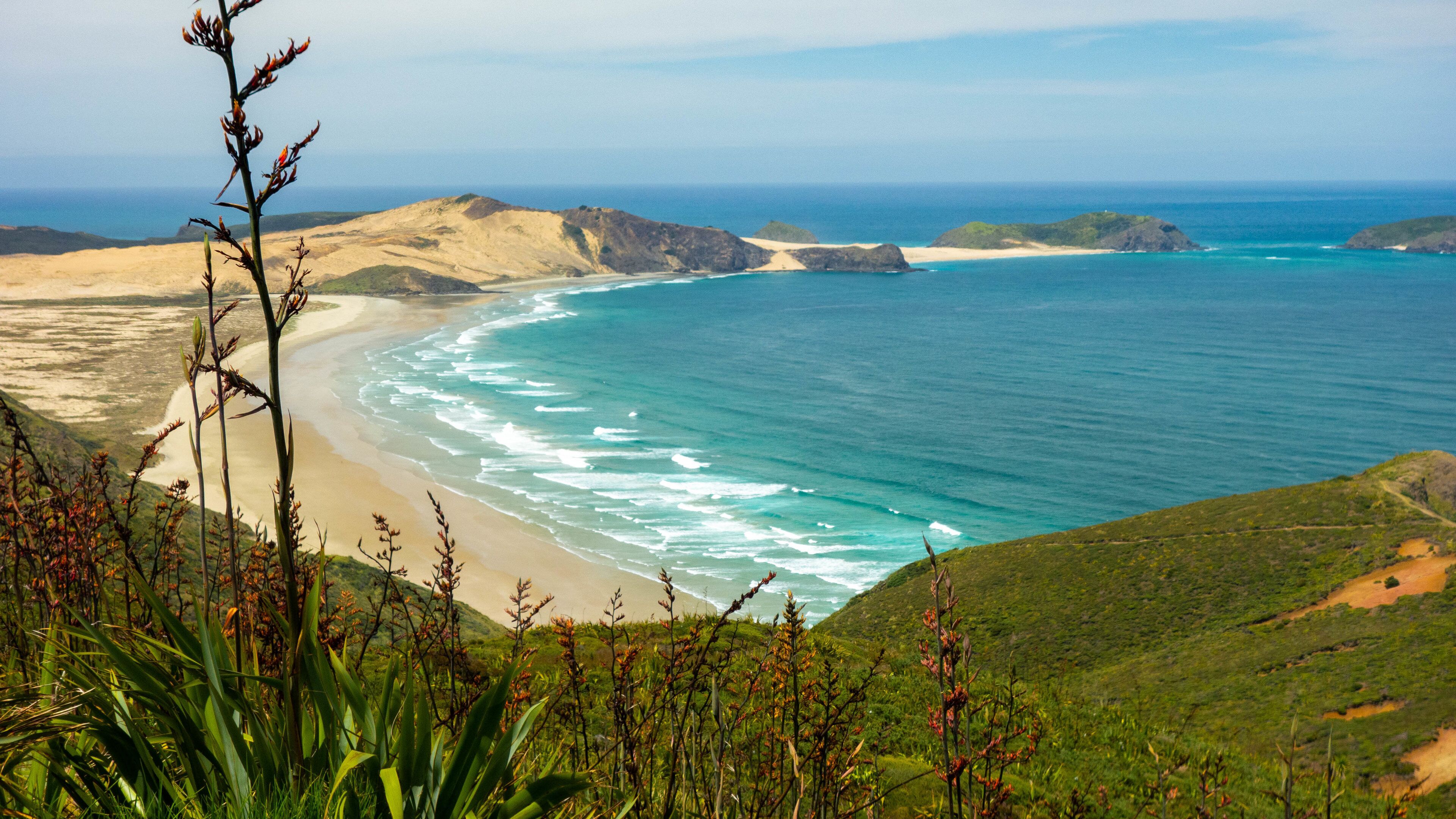 A coastal landscape with a sandy beach, green hills, and a clear blue ocean.