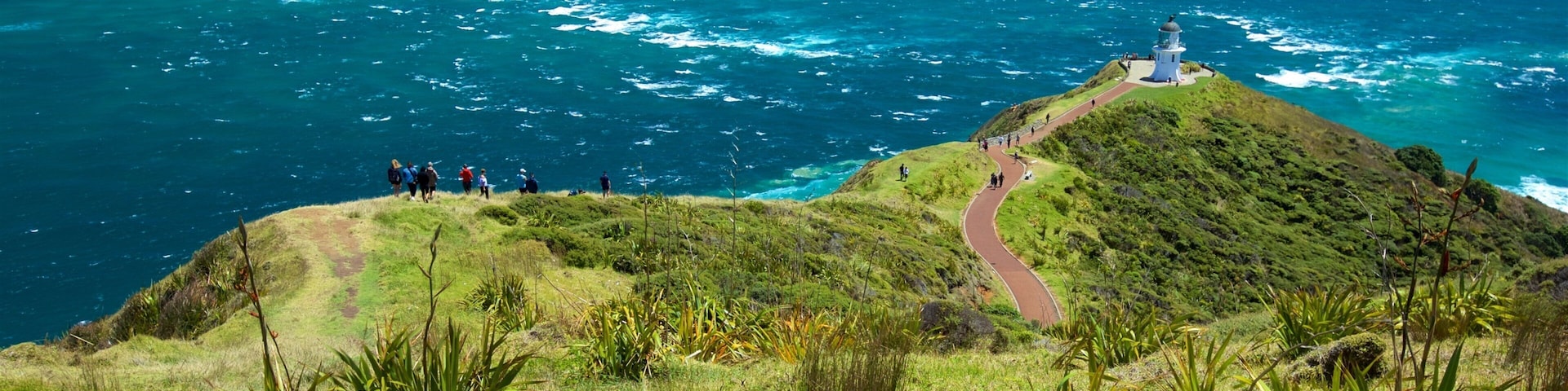 Paisagem costeira com um farol numa colina gramada a sobrepor o oceano.