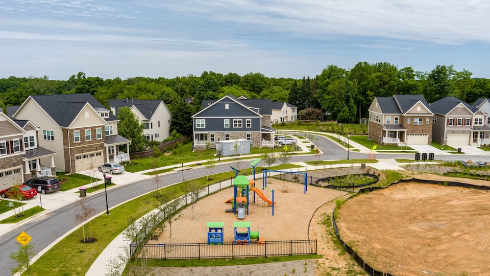Low level aerial view of a tot lot in a residential neighborhood in Gaithersburg, Montgomery County, Maryland..