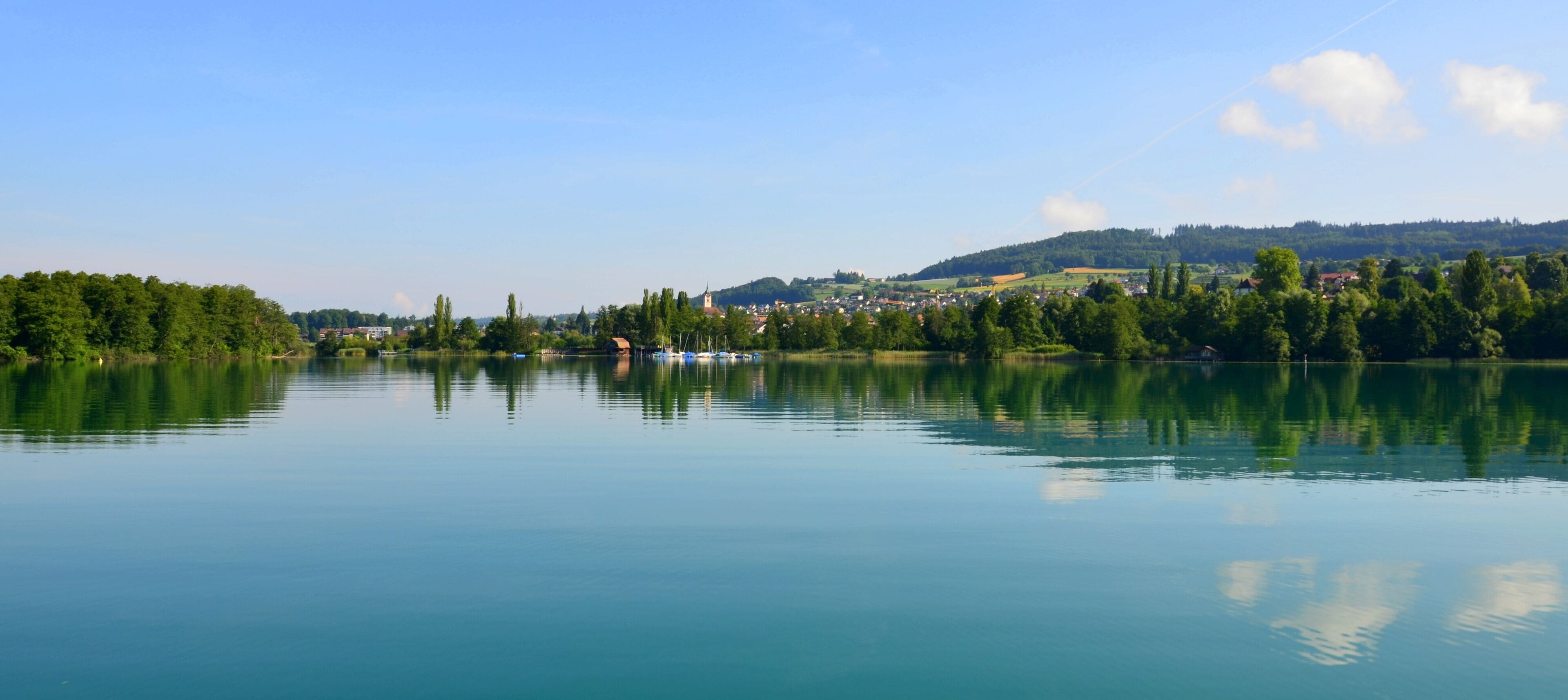 A calm lake with a town on the opposite shore, surrounded by trees and hills.