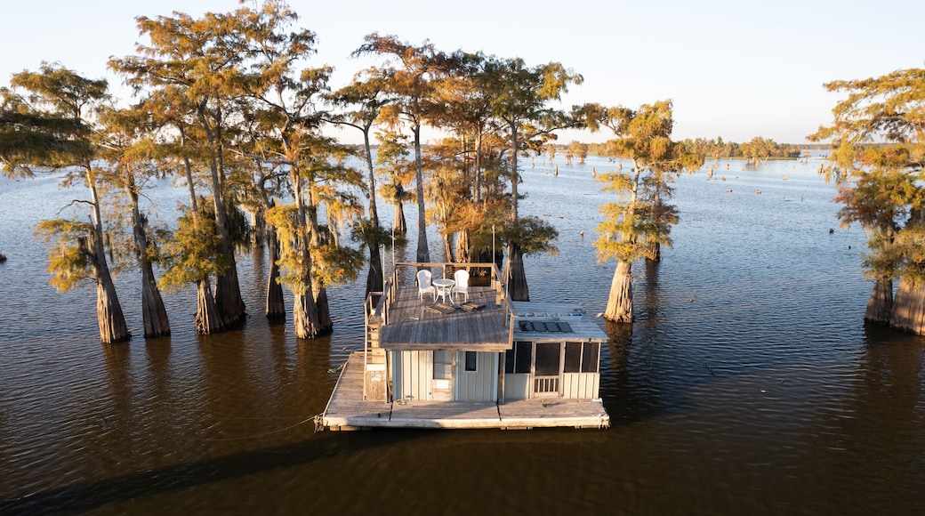 Atchafalaya Basin houseboat at golden hour