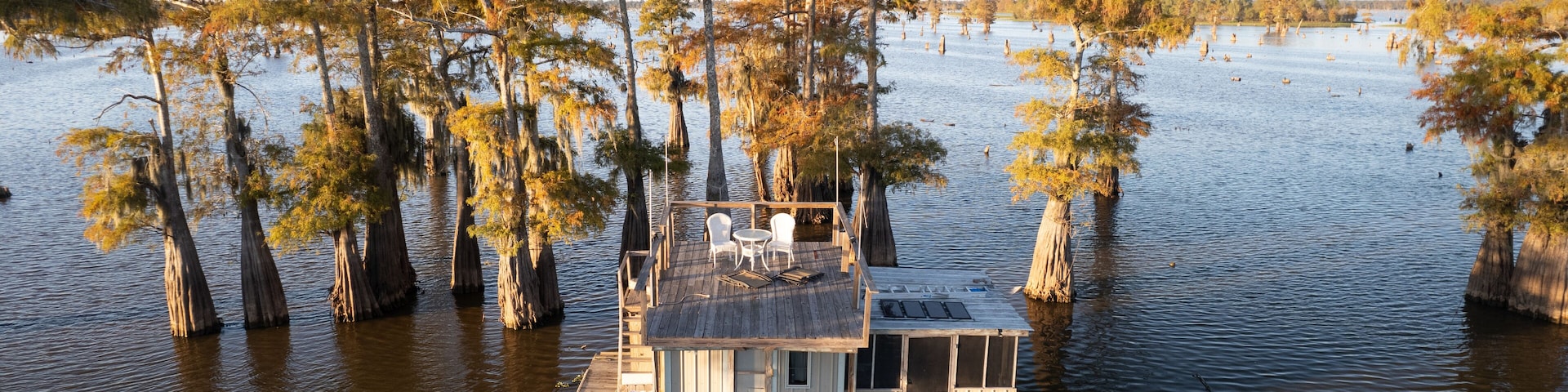 Una casa flotante rodeada de cipreses en una zona pantanosa.