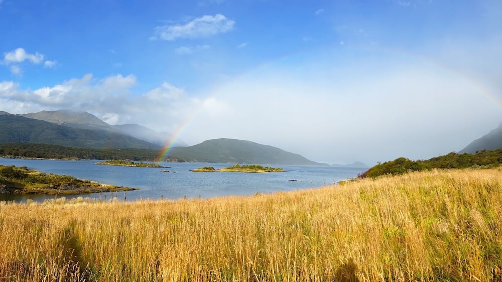 Rainbow over Beaggle Channel, Tierra Del Fuego or Land of Fire National Park Scenic Landscape, Ushuaia Argentina at the End of The World