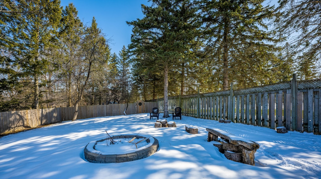 Backyard in ramara, ontario, featuring a circular stone fire pit, adirondack chairs, a rustic wooden bench, and pine trees, all covered in a blanket of fresh winter snow on a sunny day