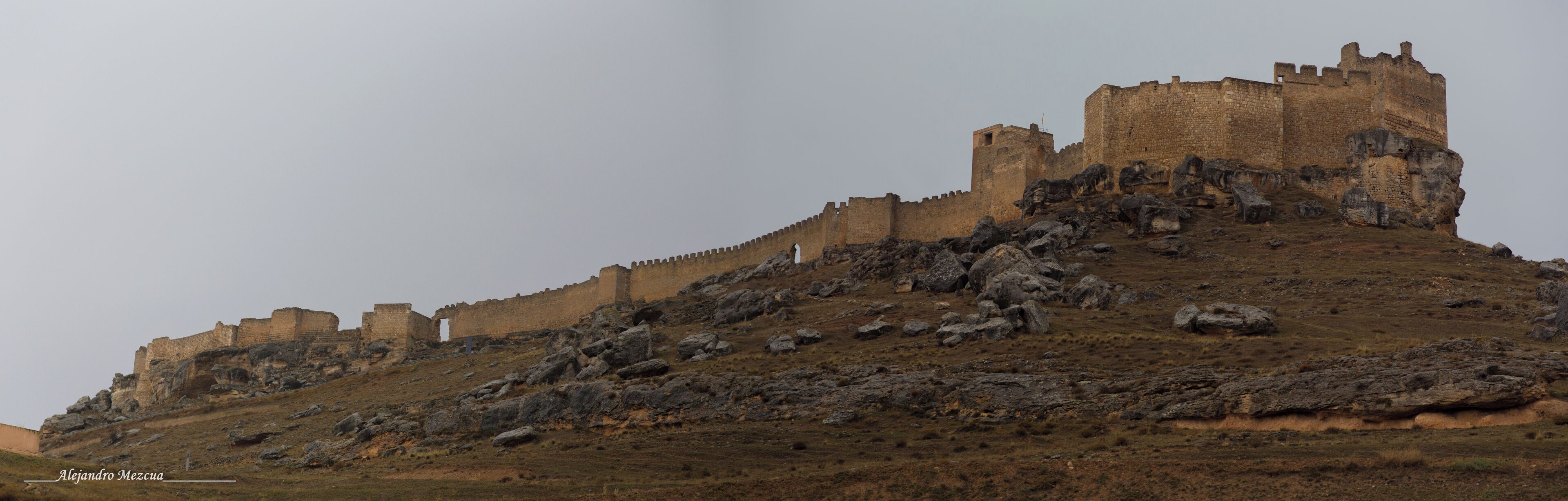 A medieval castle on a rocky hill with multiple towers and walls.