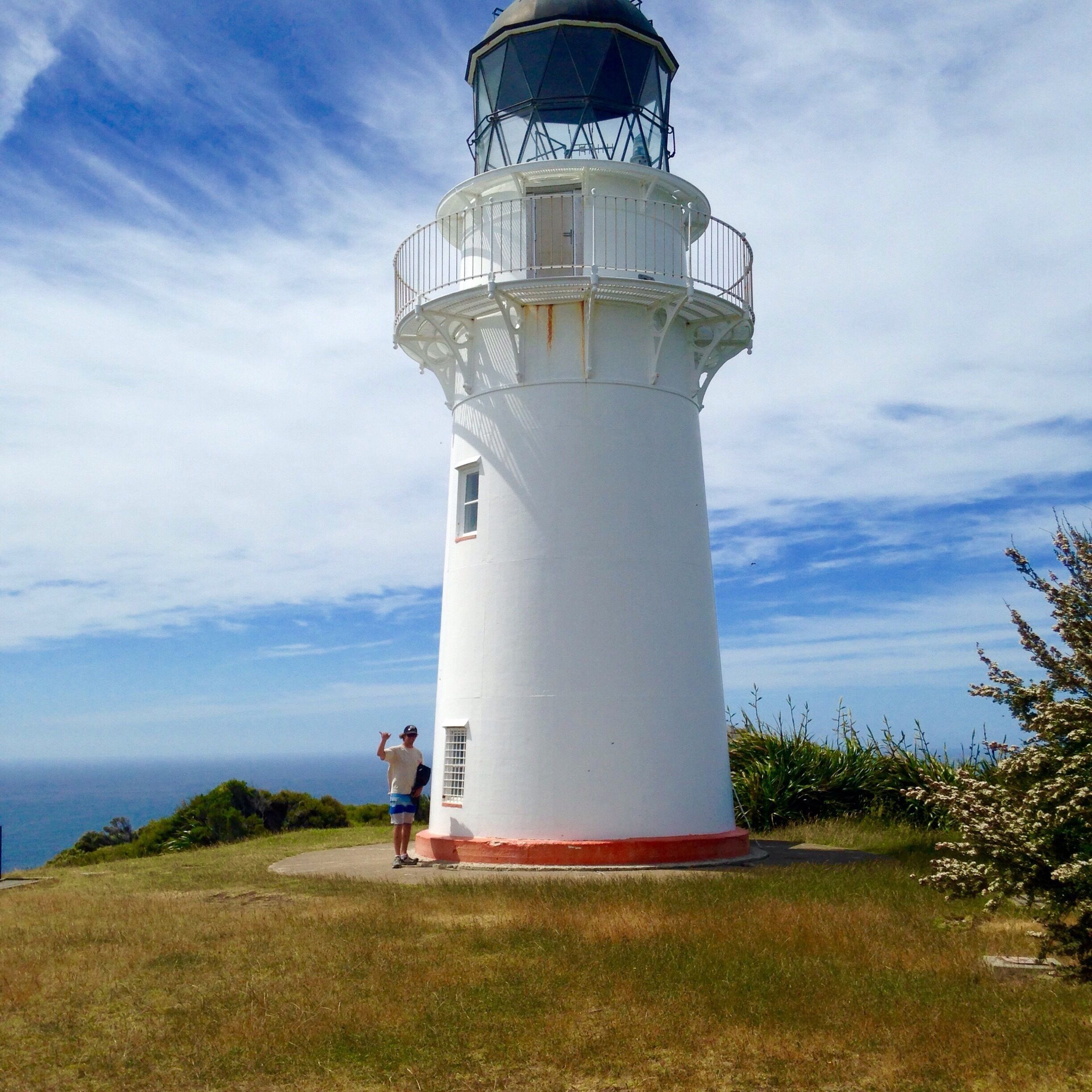 A white lighthouse with a red base, surrounded by grass and trees, overlooking the ocean.