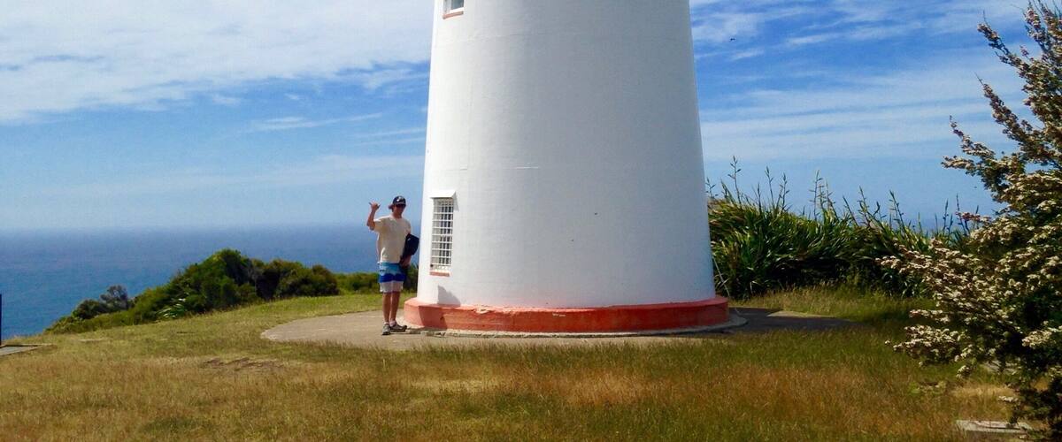 A white lighthouse with a red base, surrounded by grass and trees, overlooking the ocean.