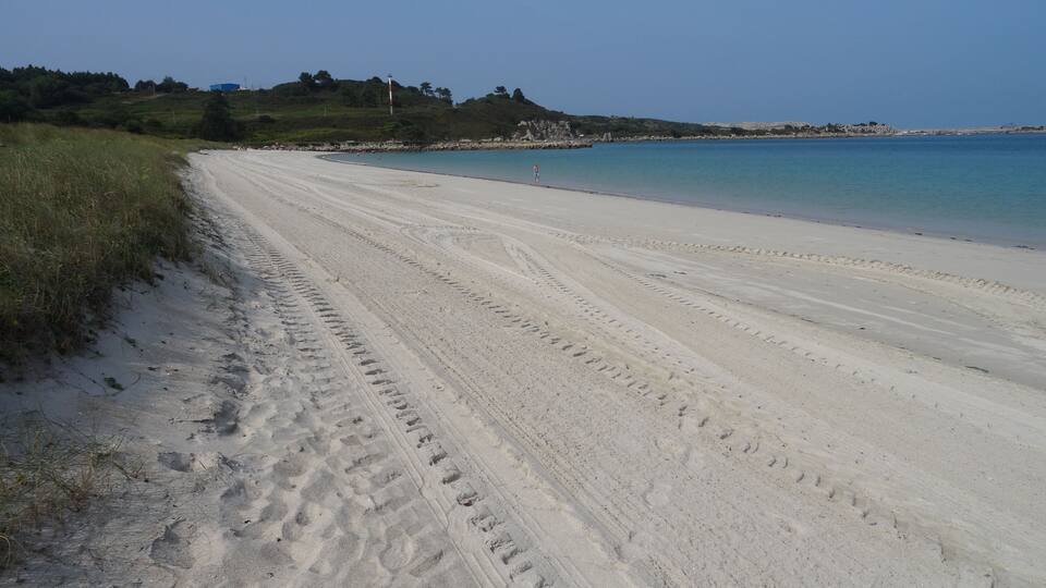 A sandy beach with tire tracks leading to the water, a lighthouse in the distance, and a grassy hill with trees.