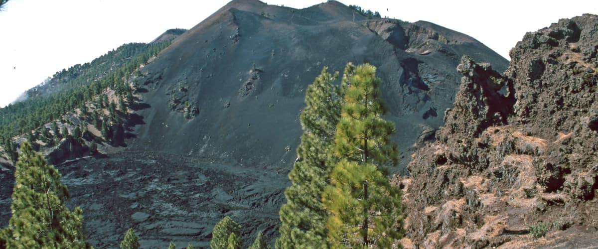 A mountainous landscape with dense forests and rocky terrain.