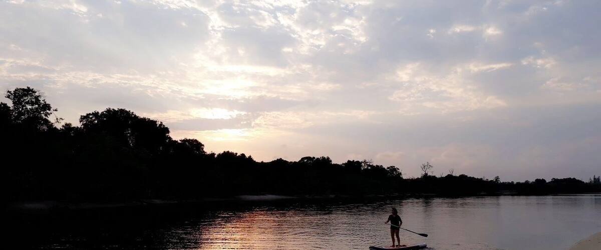 A person paddleboarding on a calm river at sunset with trees silhouetted against the sky.