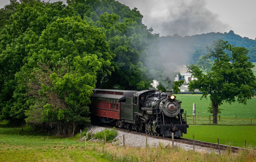A steam locomotive with a red caboose on a rural railway track, surrounded by lush greenery and a cloudy sky.