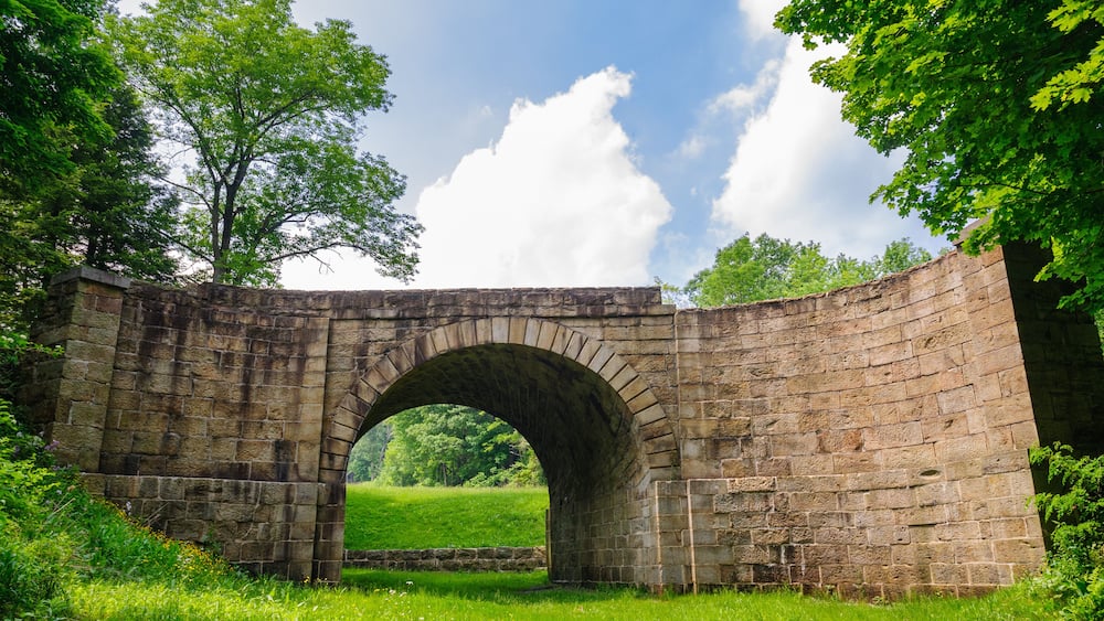 Un pont en arc de pierre, situé dans une zone herbeuse, bordée d’arbres, sous un ciel dégagé.
