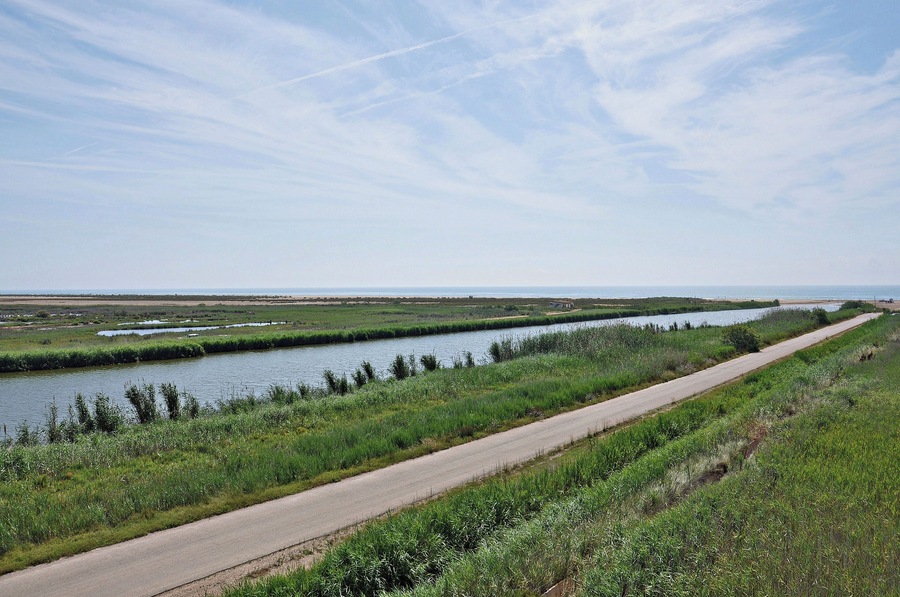 A river with a narrow road alongside it, surrounded by green fields and a clear sky.