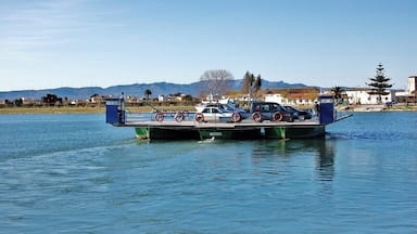 Un ferry con un coche y un camión navegando sobre aguas tranquilas.