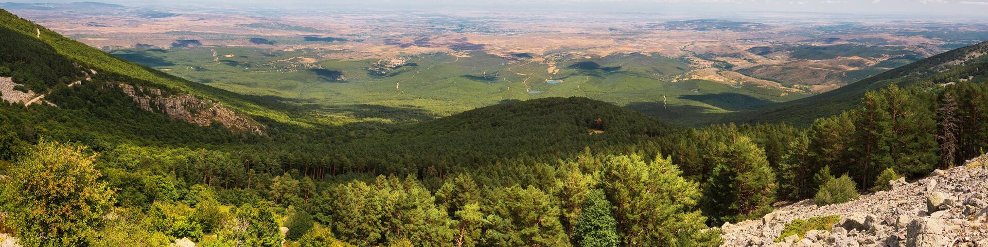 Panorama of green valleys of Aragon region from the moncayo mountain. Natural environment in summer season .