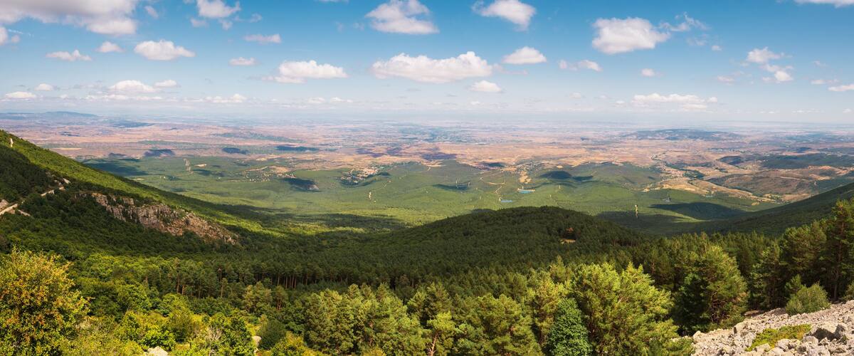 A mountainous landscape with dense forests, rocky terrain, and a clear sky.