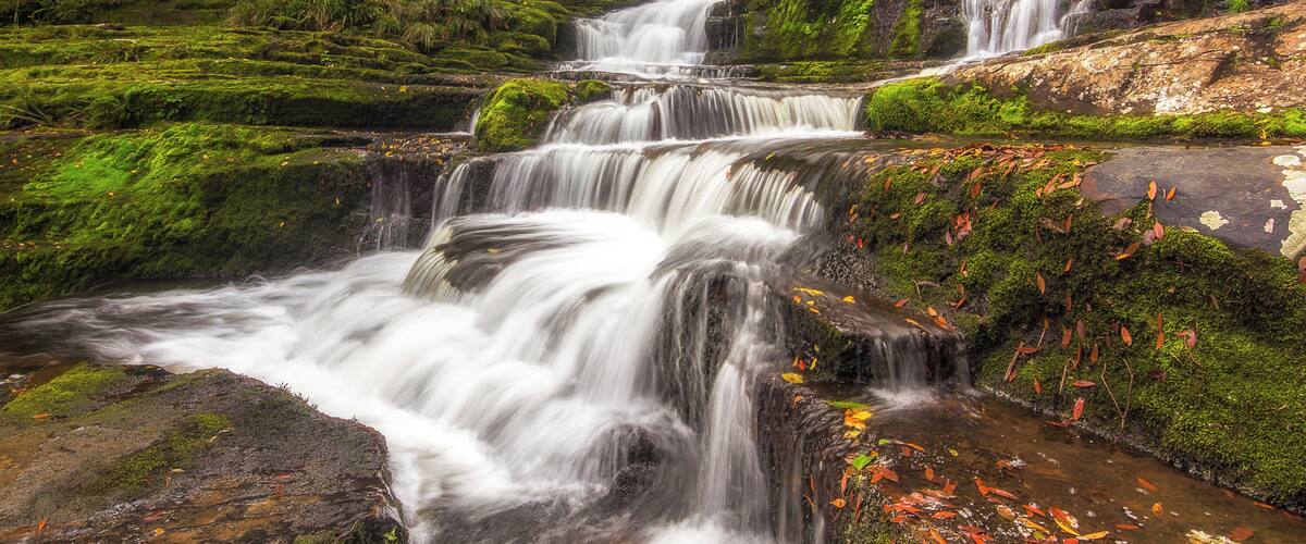 A multi-tiered waterfall surrounded by lush greenery and moss-covered rocks.
