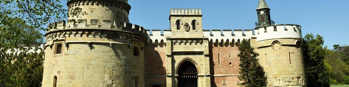 Laxenburg castles are imperial palaces and castles outside Vienna, in the town of Laxenburg, Lower Austria. The castles became a Habsburg possession in 1333 and formerly served as a summer retreat, along with Schönbrunn palace, for the imperial Habsburg dynasty. Blauer Hof Palace was the birthplace of some members of the royal family, including Crown Prince Rudolf. Another castle nearby is named Franzensburg castle.