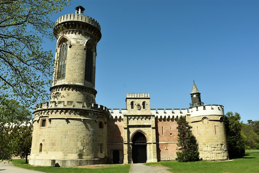 Laxenburg castles are imperial palaces and castles outside Vienna, in the town of Laxenburg, Lower Austria. The castles became a Habsburg possession in 1333 and formerly served as a summer retreat, along with Schönbrunn palace, for the imperial Habsburg dynasty. Blauer Hof Palace was the birthplace of some members of the royal family, including Crown Prince Rudolf. Another castle nearby is named Franzensburg castle.